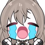  1girl armor arms_up black_armor black_gloves black_ribbon brown_hair chibi chibi_only clenched_hands closed_eyes commentary crying double-parted_bangs english_commentary eydis_(sao) facing_viewer fingerless_gloves gloves hair_between_eyes hair_ribbon integrity_knight_armor light_blush long_hair lowres messy_hair open_mouth phanuchan portrait ribbon simple_background solo straight-on streaming_tears sword_art_online sword_art_online:_alicization sword_art_online:_unleashed_blading tears transparent_background two-tone_armor white_armor wide_mouth 