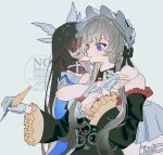  2girls absurdres arm_ribbon arms_around_neck bare_shoulders black_collar black_hair black_sleeves blue_eyes blush bonnet bow brown_hair closed_eyes closed_mouth collar columbina_(genshin_impact) commentary_request detached_collar detached_sleeves dress eye_mask genshin_impact gloves hair_ornament hair_ribbon head_wings heart highres holding holding_quill hug hug_from_behind kiss kissing_cheek long_hair long_sidelocks long_sleeves mask multicolored_hair multiple_girls multiple_wings non_ki purple_hair purple_streaks quill ribbon sandrone_(genshin_impact) see-through_clothes see-through_mask short_hair_with_long_locks sidelocks simple_background streaked_hair two-tone_hair very_long_hair white_dress white_headdress white_mask white_wings wing_hair_ornament wings wrist_bow yuri 