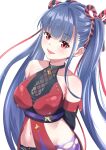  1girl :d absurdres arms_behind_back bare_shoulders black_gloves blue_hair blunt_bangs blush breasts collarbone commentary_request cowboy_shot crop_top elbow_gloves eyelashes floating_hair gloves heaven_burns_red highres large_breasts long_hair looking_at_viewer navel ninja official_alternate_costume official_alternate_hairstyle open_mouth paradox_(pixiv_24678177) red_eyes rope satsuki_mari satsuki_mari_(assassin_ninjutsu_making_a_killing) shimenawa sidelocks simple_background smile solo stomach straight_hair twintails variant_set very_long_hair white_background 