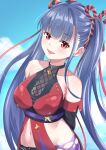 1girl :d absurdres arms_behind_back bare_shoulders black_gloves blue_hair blue_sky blunt_bangs blush breasts cloud collarbone commentary_request cowboy_shot crop_top day elbow_gloves eyelashes floating_hair gloves heaven_burns_red highres large_breasts long_hair looking_at_viewer navel ninja official_alternate_costume official_alternate_hairstyle open_mouth outdoors paradox_(pixiv_24678177) red_eyes rope satsuki_mari satsuki_mari_(assassin_ninjutsu_making_a_killing) shimenawa sidelocks sky smile solo stomach straight_hair twintails variant_set very_long_hair 