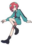  1girl amate_yuzuriha ankle_boots aqua_eyes aqua_shirt aqua_skirt belt black_belt black_boots black_necktie boots collared_shirt commentary flower_pin gundam gundam_gquuuuuux highres karaage_unai knee_up long_sleeves looking_at_viewer multicolored_eyes multicolored_hair necktie pleated_skirt red_hair red_necktie school_emblem school_uniform shirt short_hair simple_background skirt socks solo striped_clothes striped_necktie striped_socks two-tone_eyes two-tone_hair two-tone_necktie white_background 
