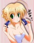  :o ahoge artoria_pendragon_(all) bangs bare_shoulders blonde_hair blush breasts casual_one-piece_swimsuit cleavage fate/stay_night fate_(series) green_eyes hair_between_eyes hair_bun hair_ribbon hairdressing kineya_emuko looking_at_viewer one-piece_swimsuit open_mouth parted_bangs ribbon saber shadow short_hair sidelocks small_breasts solo striped striped_background swimsuit translated upper_body white_swimsuit 