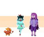  1other 2girls aafff567346 alternate_costume aqua_(deltarune) aqua_dress aqua_skin bandana black_hair blunt_bangs book bow colored_skin commentary deltarune dress fang flip-flops grey_shirt hair_bow hair_over_eyes highres holding holding_book hood hoodie innertube long_hair medium_hair mouse_(animal) multiple_girls orange_(deltarune) purple_hair purple_hoodie purple_shoes purple_shorts red_bandana red_bow red_shoes sandals seth_(deltarune) shirt shoes shorts skin_fang swim_ring untranslatable_commentary utdr_(toby_fox) 