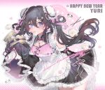  1girl animal animal_hands apron bead_necklace beads blue_eyes bow brown_hair chinese_knot chopsticks cleavage_cutout clothing_cutout commission cowboy_shot detached_sleeves dot_nose double_bun dress eyelashes flower_knot food food_in_mouth frilled_dress frills gem hair_between_eyes hair_bow hair_bun hair_intakes hair_ornament hair_ribbon hairclip happy_new_year heart highres jewelry lace_trim long_hair long_sleeves looking_to_the_side maid makeup mandarin_collar mihuashi_commission moriyama_meiko multicolored_hair necklace original panda panda_hair_ornament pearl pearl_hair_ornament pearl_necklace pink_bow pink_ribbon polka_dot ribbon rouge_(makeup) sidelocks signature sleeve_bow sleeves_past_fingers sleeves_past_wrists solo steamed_bun streaked_hair tassel twintails watermark white_apron wide_sleeves 