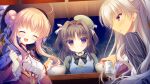  3girls :d apron black_hair blue_apron blue_jacket bow bowl bowtie breasts brown_eyes cape center_frills chopsticks closed_eyes closed_mouth corset cup donut_hair_bun double_bun drinking_glass farnese_atlas food_stand forest frilled_sleeves frills from_side game_asset green_bow green_bowtie green_hat green_jacket grey_hair hair_bow hair_bun hair_intakes hair_ornament half_updo hat highres holding holding_chopsticks holding_cup hoshi_furu_yoru_no_farnese ice jacket jacket_on_shoulders jacqueline_sprenger lapels long_hair long_sidelocks long_sleeves mandarin_collar medium_breasts medium_hair multiple_girls multiple_hair_bows nature neck_ribbon night non-web_source orihime_n._astil outdoors parted_lips pink_hair pink_jacket profile purple_bow purple_cape purple_eyes purple_hat purple_vest red_ribbon ribbon self-datamine shirt sidelocks sky smile standing star_(symbol) straight-on striped_clothes striped_jacket table vest white_ribbon white_shirt witch_hat yatai yukie_(peach_candy) 