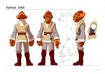  1boy alien boots brown_boots colored_skin concept_art energy_sword full_body jedi lightsaber looking_at_viewer mixed-language_text mon_calamari multicolored_skin nahdar_vebb official_art orange_skin reference_sheet second-party_source signature simple_background sketch standing star_wars star_wars:_the_clone_wars_(2008_tv_series) sword takeuchi_atsushi tunic weapon white_background yellow_eyes 