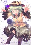  1girl ^_^ black_hat blush bow breasts brown_thighhighs buttons closed_eyes collared_shirt commentary_request diamond_button disembodied_linked_eye eyeball floral_print frilled_shirt_collar frilled_skirt frilled_sleeves frills green_hair green_skirt hat hat_bow kemo_chiharu komeiji_koishi long_sleeves medium_breasts medium_hair open_mouth print_skirt rose_print shirt signature skirt smile solo thighhighs touhou wide_sleeves yellow_bow yellow_shirt 