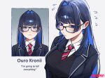  1girl absurdres black_hair black_jacket black_sweater blazer blue_eyes blue_hair blunt_bangs breasts collared_shirt colored_inner_hair commentary english_commentary english_text flying_sweatdrops glasses hair_intakes highres hololive hololive_english jacket large_breasts long_hair looking_at_viewer multicolored_hair necktie nuebunny ouro_kronii red_necktie shirt sidelocks simple_background sweater upper_body v-neck virtual_youtuber white_shirt 
