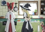  3girls apron back_bow black_hat black_skirt black_vest blonde_hair bow braid brown_eyes brown_hair closed_eyes collared_shirt commentary_request cooking cooking_pot curly_hair facing_away faucet frilled_bow frilled_hair_tubes frills from_behind frying_pan hair_bow hair_tubes hakurei_reimu hat hat_bow holding holding_ladle horns indoors inuno_rakugaki kappougi kirisame_marisa kitchen komainu_girl komano_aunn ladle life_at_the_hakurei_shrine_(touhou) long_hair miso_(food) multiple_girls plant potted_plant puffy_short_sleeves puffy_sleeves red_bow red_shirt red_skirt rubbing_eyes shelf shirt short_sleeves side_braid single_braid single_horn skirt skirt_set sleepy stove tongue touhou translated vest waist_apron white_apron white_bow window witch_hat yawning yellow_eyes 
