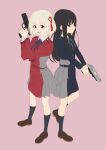  2girls :d absurdres back-to-back belt black_belt black_dress black_hair blonde_hair blue_ribbon brown_eyes cat-opa-25 commentary dress eyelashes flat_color full_body green_ribbon grey_dress gun hair_between_eyes hair_ribbon handgun hands_up highres holding holding_gun holding_weapon inoue_takina long_hair long_sleeves looking_at_viewer lycoris_recoil m1911 medium_hair multiple_girls neck_ribbon nishikigi_chisato one_side_up open_mouth pink_background pleated_dress profile purple_eyes red_belt red_dress red_ribbon ribbon sidelocks sideways_glance simple_background smile smith_&amp;_wesson_m&amp;p standing straight_hair tareme teeth two-tone_dress upper_teeth_only weapon 
