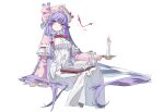 1girl blue_bow book bow bowtie candle chinese_commentary commentary_request crescent crescent_hat_ornament dress hair_bow hat hat_ornament highres holding holding_candle hotdogdanny invisible_chair long_hair long_sleeves looking_at_viewer mob_cap multiple_hair_bows open_book patchouli_knowledge pink_hat purple_eyes purple_hair red_bow red_bowtie simple_background sitting solo touhou very_long_hair white_background white_dress wide_sleeves 