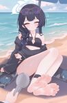  1girl absurdres bandeau bikini black_bikini black_hair black_robe blue_archive braid braid_over_shoulder breasts butterfly_hair_ornament closed_eyes clothing_cutout commentary_request diamond_cutout eugenecolin feet foot_focus foreshortening grey_halo hair_ornament halo highres kisaki_(blue_archive) kisaki_(swimsuit)_(blue_archive) long_hair looking_at_viewer navel official_alternate_costume official_alternate_hairstyle presenting_foot purple-tinted_eyewear robe robe_partially_removed shower_head side_braid small_breasts soles solo stomach sunglasses swimsuit tinted_eyewear toes unworn_robe very_long_hair water 