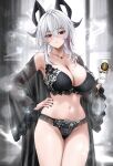  1girl absurdres ahoge alternate_breast_size_(larger) beer_can black_bra black_horns black_nails black_panties black_robe black_tail blurry blurry_background bra breasts can commentary curled_horns drink_can fingernails groin hair_between_eyes hand_on_own_hip highres holding holding_can horns huge_breasts indoors jewelry long_hair m_(1n910) mole mole_on_breast multicolored_hair nail_polish navel necklace panties parted_lips red_eyes robe roman_numeral solo standing stomach streaked_hair tail thighs underwear underwear_only white_hair wuthering_waves zani_(wuthering_waves) 