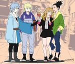  1girl 3boys black_hair black_jacket blonde_hair blue_eyes blue_hair blue_pants boruko boruto:_naruto_next_generations boruto_(series) commentary_request cup extendable_limbs food french_fries grey_overalls holding holding_another's_wrist holding_cup holding_food holding_sketchbook jacket low_ponytail mitsuki_(naruto) multiple_boys nara_shikadai naruto_(series) okamine_yuiko open-toe_shoes overalls pale_skin pants ponytail short_shorts shorts sketchbook smile twitter_username yamanaka_inojin 