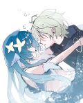  1boy 1girl absurdres ahoge air_bubble alyosha_(genshin_impact) bare_shoulders brace bubble commentary_request couple detached_sleeves dress fins flower frilled_dress frilled_sleeves frills from_side genshin_impact green_hair hair_flower hair_ornament head_fins hetero hh230466 highres hood hood_down korean_commentary leaning_back leaning_forward light_blush long_sleeves looking_at_another looking_down looking_up orange_eyes parted_lips purple_eyes shade shorts simple_background slavic_clothes stomach upper_body vodyanitsa_(genshin_impact) white_background wide_sleeves 