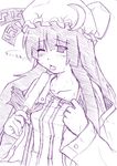 ;p coat collar_tug collarbone crescent d: dress etogami_kazuya food hat hot long_hair monochrome one_eye_closed open_mouth patchouli_knowledge popsicle sketch solo tongue tongue_out touhou translated upper_body very_long_hair 
