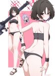  2girls absurdres asymmetrical_dual_wielding atsuko_(blue_archive) bare_arms bare_legs bikini black_bikini black_choker black_hair blue_archive blush breasts choker collarbone commentary_request dual_wielding fim-92_stinger full_body gun halo handgun highres holding holding_weapon ivan_wang medium_breasts misaki_(blue_archive) misaki_(swimsuit)_(blue_archive) multiple_girls navel red_background red_halo revolver rocket_launcher ruger_lcr short_hair simple_background solo_focus standing stomach swimsuit two-tone_background weapon white_background 