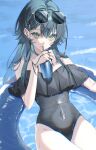  1girl absurdres black_one-piece_swimsuit casual_one-piece_swimsuit commentary_request covered_navel crescent crescent_earrings cup drinking drinking_straw earrings eyewear_on_head fingernails gakuen_idolmaster green_eyes green_hair groin highres idolmaster innertube jewelry long_hair looking_at_viewer multiple_rings nail_polish on_innertube one-piece_swimsuit ring solo sui_sgnk sunglasses swim_ring swimsuit thighs tsukimura_temari 