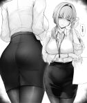  1girl absurdres aisutei arm_under_breasts ass black_pantyhose breasts collared_shirt commentary covered_navel greyscale hair_intakes hair_over_shoulder highres holding holding_paper id_card lanyard large_breasts long_hair monochrome multiple_views office_lady original pantyhose pantylines paper pencil_skirt ponytail shirt shirt_tucked_in skirt three-quarter_sleeves tight_clothes translation_request 