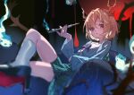  1girl absurdres antlers black_shoes blonde_hair blue_shirt chinese_commentary commentary_request crossed_bandaids diving_penguin dragon_girl dragon_horns dragon_tail high_heels highres holding holding_smoking_pipe horns kicchou_yachie kiseru kneehighs long_sleeves looking_at_viewer mary_janes medium_hair otter otter_spirit_(touhou) red_eyes shirt shoes smoking_pipe socks solo square_neckline tail touhou turtle_shell white_socks wide_sleeves yellow_horns 