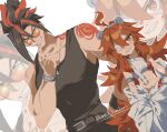  1boy 1girl ahoge anton_ivanov belt black_hair black_pants black_tank_top bracelet breasts commentary_request crop_top eyepatch grin hair_between_eyes highres jacket jewelry koleda_belobog long_hair looking_at_viewer multicolored_hair navel orange-tinted_eyewear pants red_eyes red_hair sharp_teeth short_hair small_breasts smile streaked_hair sunglasses tank_top tattoo teeth tinted_eyewear two-tone_hair until_hotobori white_jacket white_pants zenless_zone_zero 