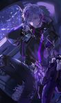  1boy aircraft belt black_belt black_gloves black_jacket black_pants black_shirt building chain circuit_board cityscape commentary curtained_hair expressionless fingerless_gloves fuwa_minato fuwa_minato_(4th_costume) gloves grey_hair gun hair_between_eyes hand_on_own_neck headset helicopter helicopter_interior highres hitokoto holding holding_gun holding_weapon jacket knee_up long_sleeves looking_to_the_side male_focus multicolored_hair nijisanji pants parted_lips pink_streaks planted_gun purple_eyes purple_streaks purple_theme purple_trim shadow shirt shoes short_hair sitting skyscraper sneakers solo streaked_hair thigh_strap turtleneck turtleneck_shirt untranslatable_commentary virtual_youtuber waist_cape walkie-talkie weapon white_shoes window 