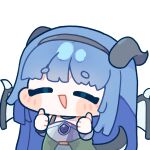  1girl :d black_hairband black_horns blue_hair blunt_sidelocks blush_stickers chibi chibi_only closed_eyes commentary_request double_thumbs_up dragon_girl dragon_horns dragon_wings dress green_dress hairband hands_up highres horns long_hair open_mouth pogpagwaeng sidelocks silphir_(trickcal) simple_background smile solo thumbs_up trickcal upper_body white_background wings 