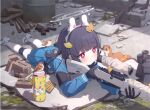 1girl absurdres ahoge aiming ammunition animal_ears animal_print assault_rifle belt binoculars bird bird_on_ass black_gloves black_hair blue_archive blue_serafuku blue_shirt blue_skirt blunt_bangs blurry blurry_background bolt_action box camouflage clip_(weapon) fake_animal_ears ferret full_body game_asset glock gloves gun gun_sling halo handgun hiding highres holding holding_gun holding_weapon knee_pads legs locked_slide long_hair long_sleeves looking_ahead lying m16 m16a1 miyu_(blue_archive) mosin-nagant non-web_source official_art on_stomach outdoors pantyhose pleated_skirt rabbit_ears rabbit_print red_eyes rifle rifle_cartridge rubble sailor_collar school_uniform scope self-datamine serafuku shirt shoes single_knee_pad skirt sniper_rifle solo sparrow thighband_pantyhose thighs weapon weasel white_pantyhose white_sailor_collar white_shoes yutokamizu 