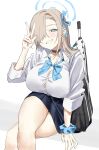  1girl absurdres assault_rifle asuna_(blue_archive) black_skirt blonde_hair blue_archive blue_bow blue_bowtie blue_eyes blue_halo blush bow bowtie breasts bullpup choker collarbone commentary_request crossed_legs famas grin gun hair_over_one_eye hair_ribbon halo hanakonenne highres large_breasts long_hair looking_at_viewer ribbon rifle school_uniform scrunchie shirt sitting skirt sleeves_rolled_up smile solo thighs v very_long_hair weapon white_shirt wrist_scrunchie 