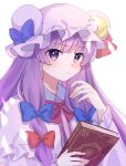  1girl :< absurdres blue_bow blush book bow bowtie capelet closed_mouth commentary_request crescent crescent_hat_ornament dress grimoire hat hat_ornament highres holding holding_book looking_at_viewer mob_cap nnn_lu patchouli_day patchouli_knowledge pink_capelet pink_dress pink_hat purple_eyes purple_hair red_bow red_bowtie simple_background solo striped_clothes striped_dress touhou upper_body vertical-striped_clothes vertical-striped_dress white_background 