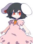 1girl :3 animal_ears black_hair blush_stickers carrot_necklace chahan_(fried_rice0614) closed_mouth commentary_request cowboy_shot dress floppy_ears highres inaba_tewi jewelry looking_at_viewer necklace pink_dress puffy_short_sleeves puffy_sleeves rabbit_ears rabbit_girl rabbit_tail red_eyes short_hair short_sleeves simple_background slit_pupils smile solo tail thick_eyebrows touhou white_background 