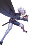  1boy arched_back black_gloves boots count_saint-germain dandadan fighting_stance floating_hair gloves green_eyes highres holding holding_sword holding_weapon jacket katana multicolored_jacket official_art purple_boots purple_hair purple_jacket ready_to_draw simple_background solo standing sword tatsu_yukinobu thigh_boots two-tone_jacket weapon white_background white_jacket 