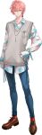  1boy belt blue_pants blue_ribbon blue_shirt breast_pocket brooch brown_shoes cross-laced_slit earrings full_body grey_sweater_vest grey_vest hair_between_eyes hand_on_own_hip jewelry koujisako layered_clothes long_sleeves male_focus multicolored_shirt necklace object_in_pocket official_art pants patterned_clothing pink_hair pink_shirt pocket red_socks ribbon shirt shoes short_hair silver_necklace single_earring sleeve_belt smile socks spots strange_eden sweater_vest tassel tassel_earrings third-party_source transparent_background v-neck vest white_shirt yellow_eyes yurano_senri_(strange_eden) 