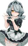  1girl ahoge antenna_hair apron black_dress blush bow commentary dracaene_sunbringer dress english_commentary enmaided four-finger_heart_hands frilled_dress frills garter_straps green_bow grey_hair hair_over_one_eye heart heart_hands highres long_hair looking_at_viewer maid maid_apron plaid_bow simple_background smile solo thighhighs twintails white_background white_garter_straps white_thighhighs yellow_eyes zekens_(dnvt2447) zenless_zone_zero 