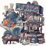  1girl :o ahoge ahoge_girl_(jimini_shijimi) artist_name beaker bird blue_hair blue_skirt book book_stack box bucket camera cardboard_box chef_hat collared_shirt commentary_request erlenmeyer_flask eyewear_on_head fish flask food fruit glasses hat highres holding holding_camera ice ice_cube instagram_username jimini_shijimi lab_coat mixed-language_text necktie open_mouth orange_(fruit) orange_slice original penguin pleated_skirt reading safety_glasses scorecard shaved_ice shirt sidelocks simple_background skeb_username skirt solo translation_request twitter_username white_background 