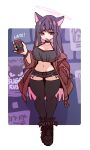  1girl absurdres alternate_breast_size_(larger) alternate_costume alternate_hair_length_(longer) animal_ears black_hair black_thighhighs blue_archive blue_shorts breasts cat_ears cat_girl cellphone choker colored_inner_animal_ears colored_inner_hair crop_top denim denim_shorts extra_ears halo highres holding holding_phone kazusa_(blue_archive) large_breasts mabufuyo multicolored_hair outside_border phone pink_hair pink_halo short_hair short_shorts shorts smartphone solo standing studded_choker studs thick_thighs thighhighs thighs two-tone_hair zettai_ryouiki 