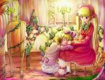  blonde_hair blue_eyes bow closed_eyes hina_ichigo lap_pillow long_sleeves multiple_girls pink_bow rozen_maiden ruku_(alicecreation) shinku sitting twintails 