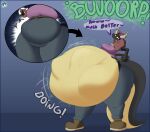 2023 absurd_res after_vore anthro belly big_belly blue_border border burping clothing dragon duo els3d female female_pred hi_res horn huge_belly mythological_creature mythological_scalie mythology purple_clothing purple_shirt purple_topwear scalie shirt speech_bubble text topwear vore