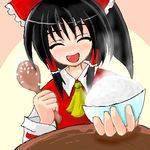  ascot black_hair blush bow bowl closed_eyes food hair_bow hair_tubes hakurei_reimu holding holding_spoon kurinton long_sleeves lowres no_nose oekaki outstretched_arm pov rice rice_bowl rice_spoon smile solo spoon touhou 