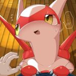 1:1 ambiguous_gender blush blush_lines bodily_fluids duo exclamation_point feral first_person_view floor flying_sweatdrops generation_3_pokemon half-closed_eyes hand_on_chest hi_res human human_pov latias legendary_pokemon looking_aside mammal mostly_offscreen_character narrowed_eyes nintendo one_fang open_mouth outline_speech_bubble pokemon pokemon_(species) ravinosuke1 shadow speech_bubble sweat sweatdrop wings wood wood_floor yellow_eyes