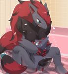 2026 3_claws ambiguous_feral ambiguous_gender anthro bathing bathroom bathtub big_breasts biped black_body black_fur black_highlights blush blush_lines breasts claw_fingers claws detailed_background digital_drawing_(artwork) digital_media_(artwork) duo evolutionary_family eye_contact feet female female/ambiguous female_anthro feral floor fur generation_5_pokemon glistening glistening_eyes grey_body hair heart_symbol hi_res highlights_(coloring) holding_another inside larger_anthro larger_female lets0020 long_hair looking_at_another male_(lore) nintendo nude nude_anthro nude_female on_ground open_mouth pokemon pokemon_(species) pupils quadruped red_hair red_inner_ear shaded sitting size_difference slit_pupils smaller_ambiguous smaller_feral snout spread_legs spreading tail teal_eyes wall_(structure) water wet zoroark zorua