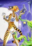alien alientiamat anthro butt clock clothing clothing_pull crop_top embarrassed felid feline female fur genitals hi_res leopardus mammal markings nasa nipple_outline ocelot panties panty_pull questionable_consent shirt solo spots spotted_body spotted_fur striped_markings striped_tail stripes tail tail_markings tentacles topwear underwear underwear_pull vulva watch yellow_body yellow_fur