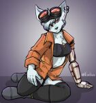 absurd_res anthro arctic_fox blue_body blue_fur blue_hair bra canid canine clothing ear_piercing female fox fur hair hi_res kusan_city_of_wolves mama_(kusan_city_of_wolves) mammal mechanic_outfit piercing prosthetic prosthetic_arm prosthetic_limb red_eyes solo true_fox underwear vizelius