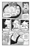 2:3 absurd_res alien anthro apron betelgeusian blush blush_lines bowl chopsticks clothing comic container dialogue digital_media_(artwork) egg english_text exclamation_point felid feline food hat headgear headwear hi_res male mammal meow_(space_dandy) meowmymyamo monochrome muscular muscular_anthro muscular_male noodles space_dandy speech_bubble text