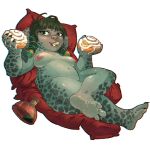1:1 2026 3_toes after_transformation alpha_channel belly bodily_fluids breasts cinnamon_bun claws digital_media_(artwork) feet female finger_claws fingers food goblin gone_goblin green_body grey_body hi_res holding_food holding_object humanoid implied_transformation markings navel overweight pastry riaa_(f1r35t0rm) shortstack shortstack_female sitting solo spots spotted_body sweat thick_thighs toe_claws toes transformation