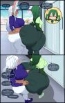 2026 2_panel_comic abs accident amphibian amphibian_humanoid animal_humanoid asui_tsuyu becoming_erect big_breasts big_butt blue_clothing blue_footwear blue_shoes blush bottomwear breasts butt cherry_blossom cherry_blossom_tree cherry_tree clothing comic crop_top digital_media_(artwork) duo elevator english_text eyes_closed female flower footwear frog_humanoid fruit_tree genitals green_bottomwear green_clothing green_hair green_pants green_shirt green_topwear gynomorph gynomorph/female hair hi_res hot_dogging hot_dogging_through_clothing huge_butt humanoid hyper hyper_butt inside intersex intersex/female lagomorph lagomorph_humanoid leporid_humanoid long_sleeves looking_at_butt looking_away mammal mammal_humanoid midriff my_hero_academia nails oblivious onomatopoeia open_mouth pants penis plant pockets profanity prunus_(flower) pupils purple_clothing purple_shirt purple_topwear rabbit_humanoid reaction_shot red_eyes rumi_usagiyama sex shirt shocked shoes short_sleeves small_pupils sound_effects tan_body tan_penis tan_skin text thick_thighs topwear tree undershirt white_bottomwear white_clothing white_ears white_hair white_pants wide_hips window zoultan6