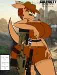 3:4 activision anthro big_breasts bottomwear breasts brown_body call_of_duty call_of_duty:_black_ops_ii clare_(ladysniper89) clothing english_text female hat headgear headwear hi_res huge_breasts kangaroo macropod mammal marsupial riku9797 shorts solo text topwear weapon yellow_eyes