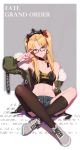  1girl absurdres adjusting_eyewear asymmetrical_legwear bespectacled black-framed_eyewear black_bra black_legwear blonde_hair border bra character_name collarbone copyright_name earrings ereshkigal_(fate/grand_order) fate/grand_order fate_(series) fur-trimmed_jacket fur_trim glasses head_tilt highres jacket jewelry long_hair looking_at_viewer midriff navel open_clothes open_jacket rectangular_eyewear red_eyes shoes short_shorts shorts single_thighhigh sitting smile sneakers solo thighhighs tiara two_side_up underwear white_border xtears_kitsune 