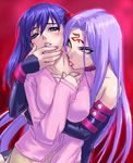  bare_shoulders blue_hair blush collar elbow_gloves facial_mark fate/stay_night fate_(series) forehead_mark gloves hand_on_another's_face hug hug_from_behind licking long_hair long_sleeves matou_sakura multiple_girls neck_licking oekaki purple_hair red_background rider slit_pupils very_long_hair yuri zen 