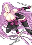  bare_shoulders breasts chain cleavage collar facial_mark fate/stay_night fate_(series) forehead_mark glasses large_breasts long_hair mizuki_makoto nameless_dagger pink_eyes purple_hair rider simple_background solo thighhighs very_long_hair weapon white_background 
